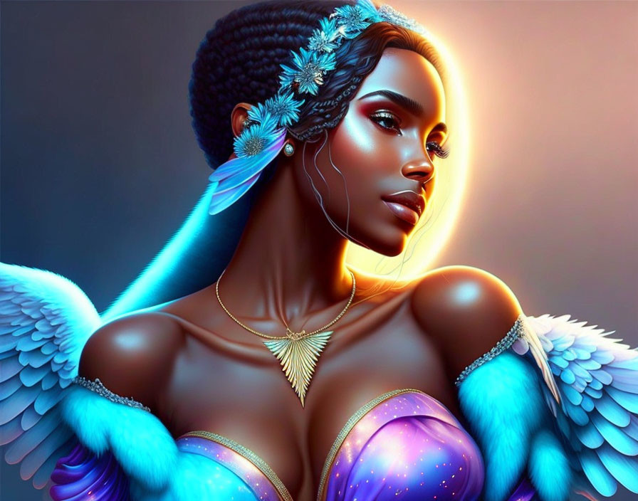 Digital artwork of woman with blue bird-like wings and starry garment.