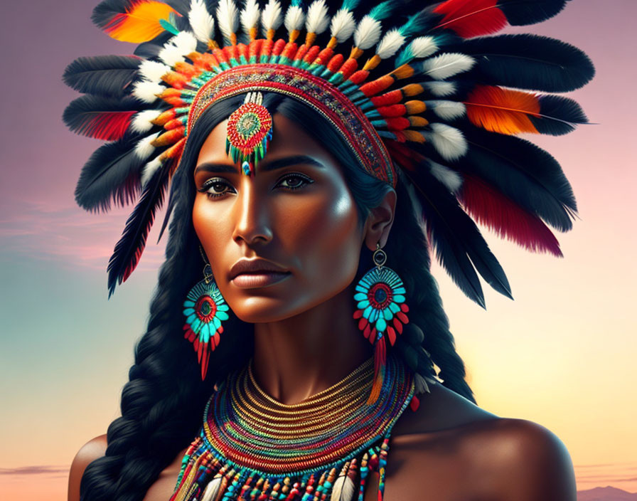 Native American woman in headdress with feathers, beadwork, and turquoise jewelry at twilight
