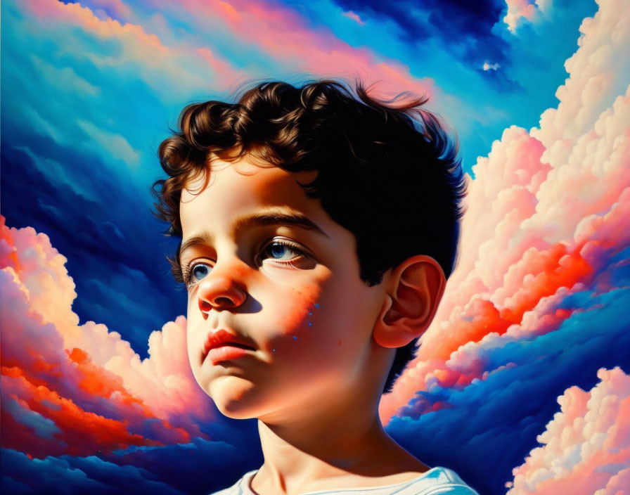 Curly-Haired Boy Looking at Sky in Hyper-Realistic Art