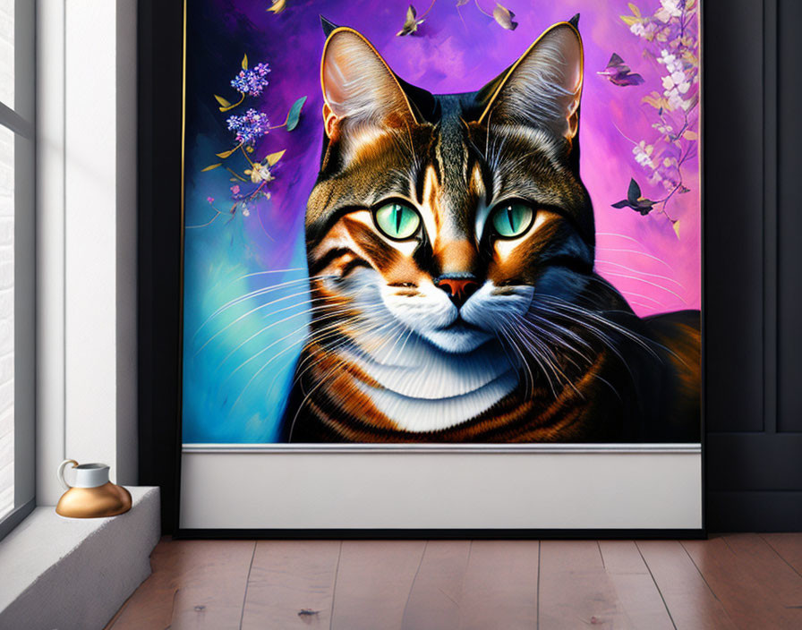 Colorful Tabby Cat Painting with Green-Eyed Cat and Butterflies on Purple Background