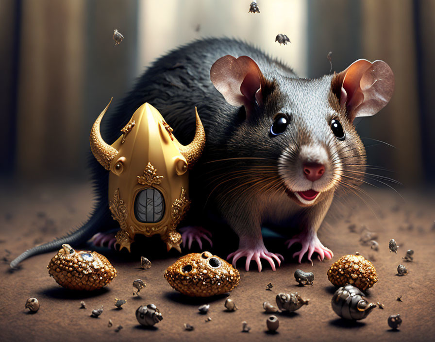 Fantasy-themed golden objects with a mouse and bees.