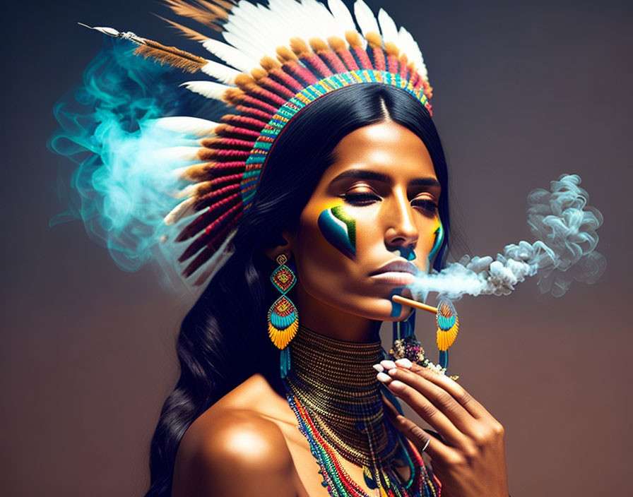 Native American woman in headdress exhales smoke on brown backdrop