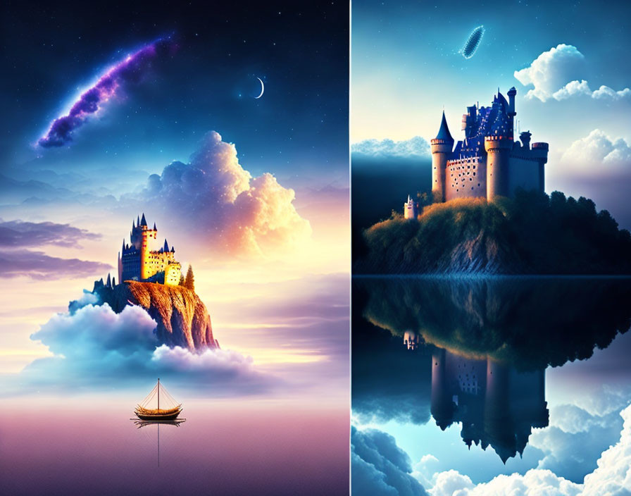 Fantastical composite image of castle, boat on clouds, moon, stars, and nebula
