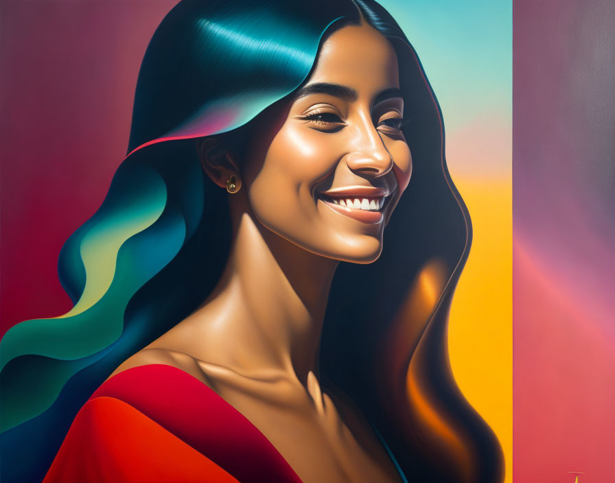 Vibrant portrait of smiling woman with flowing hair in colorful hues
