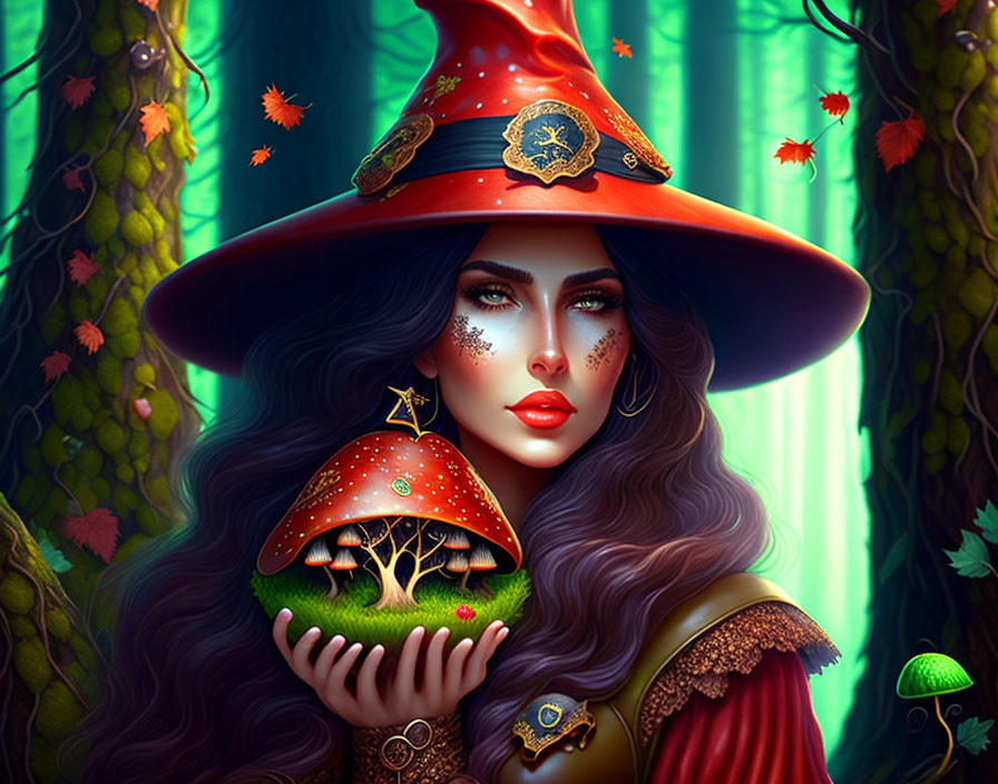 Mystical witch with flowing hair holding house-shaped mushroom in enchanting forest