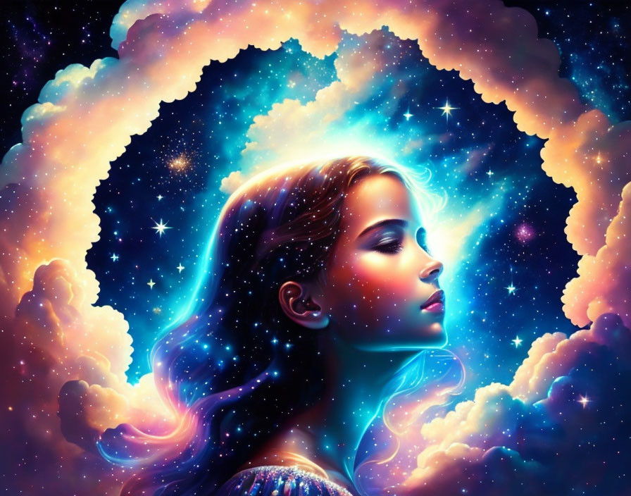 Digital artwork: Woman's profile with celestial elements blending into starry sky