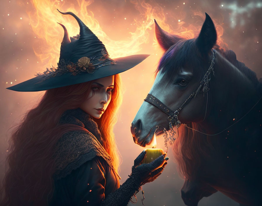 Witch in Hat with Candle by Black Horse in Mystical Sky