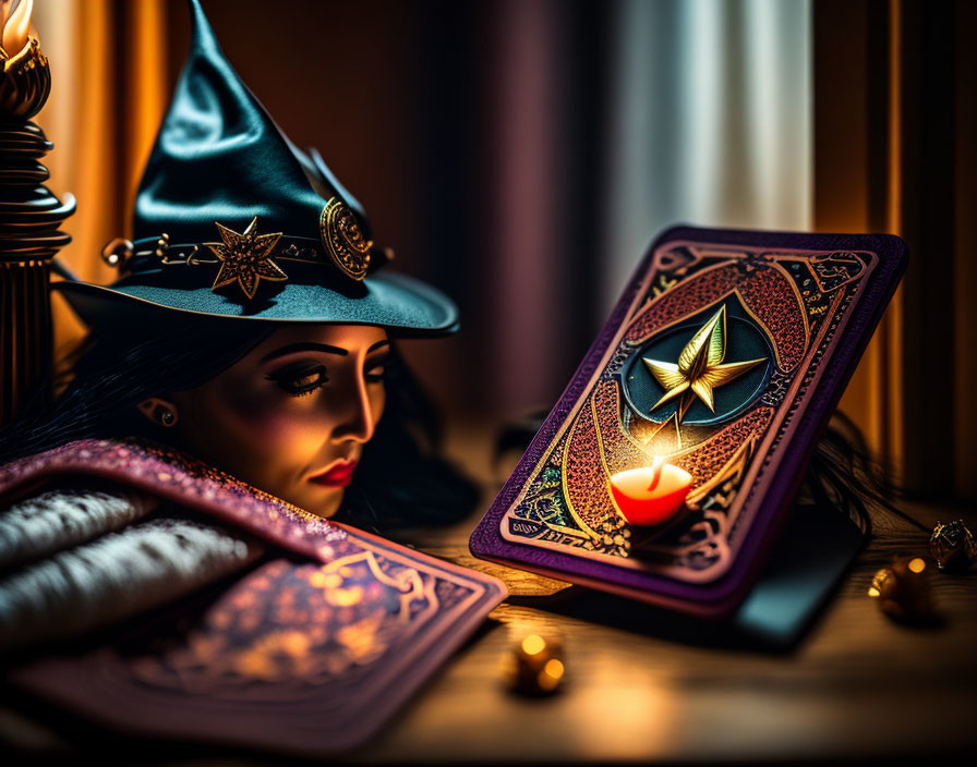 Mystical sorceress costume with tarot card, candlelight, and magical trinkets