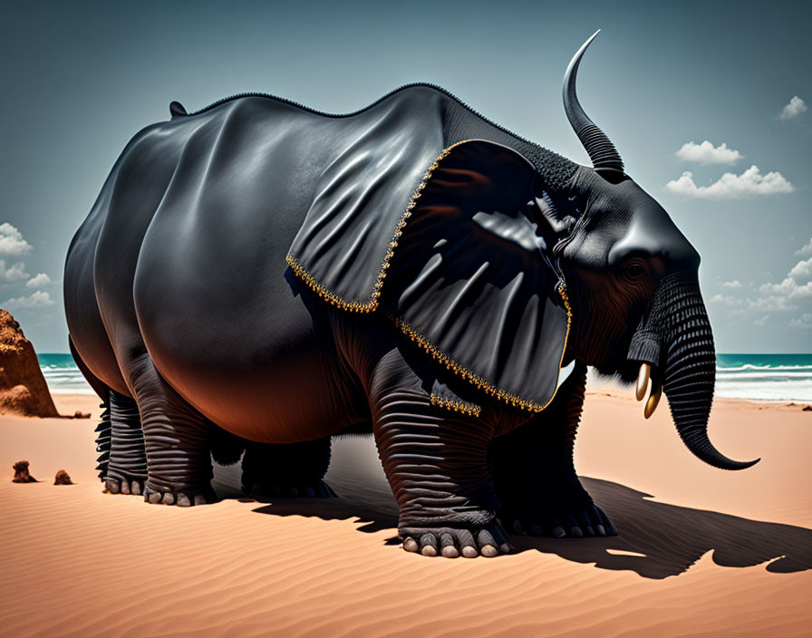 Stylized black elephant with gold embellishments on sandy beach