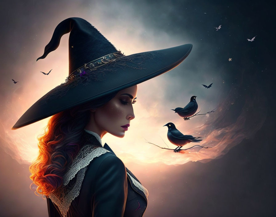 Digital artwork of woman in witch costume with large hat, surrounded by birds in mystical twilight.