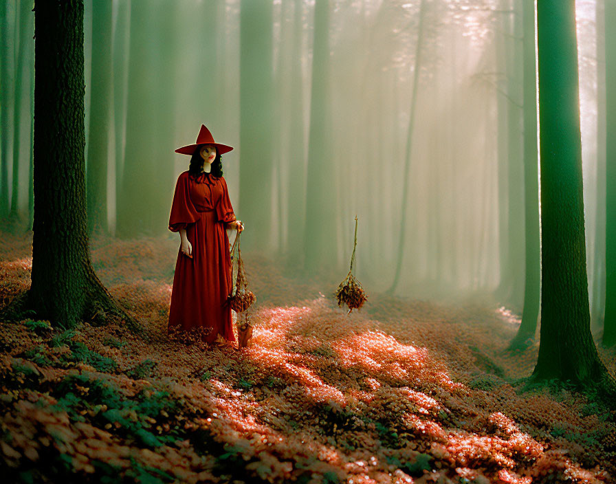 Person in Red Cloak and Wide-Brimmed Hat in Foggy Forest with Bouquet