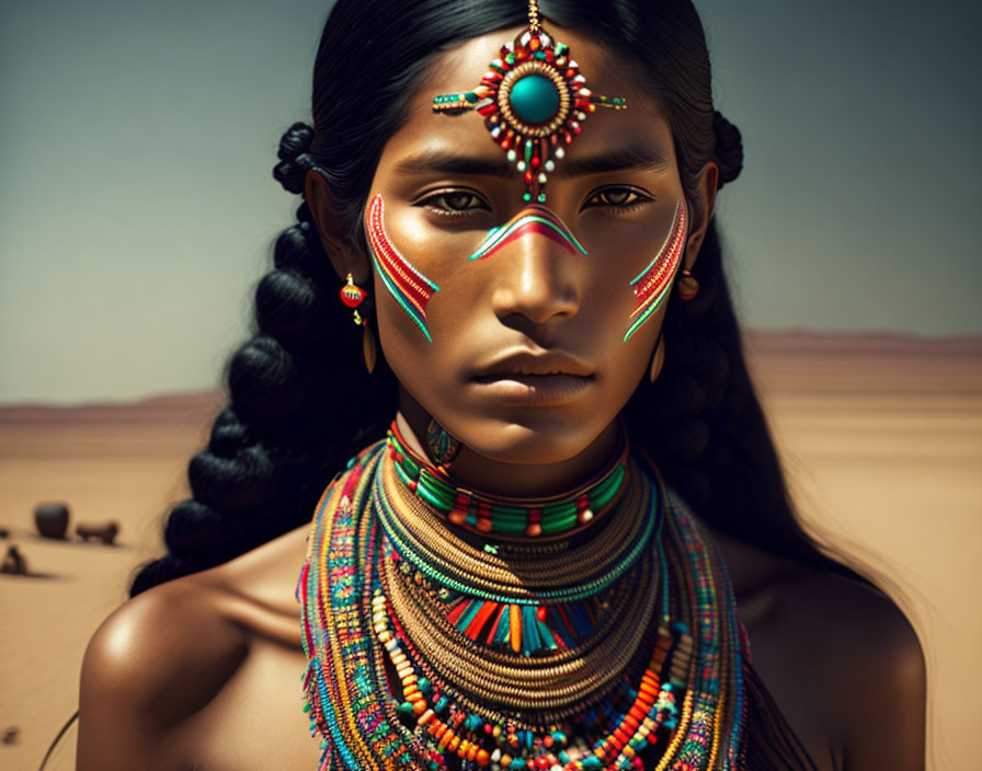 Woman adorned with traditional jewelry in desert setting