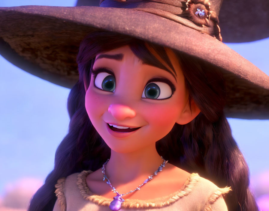 3D animated female character with large eyes, smile, hat, and purple stone necklace