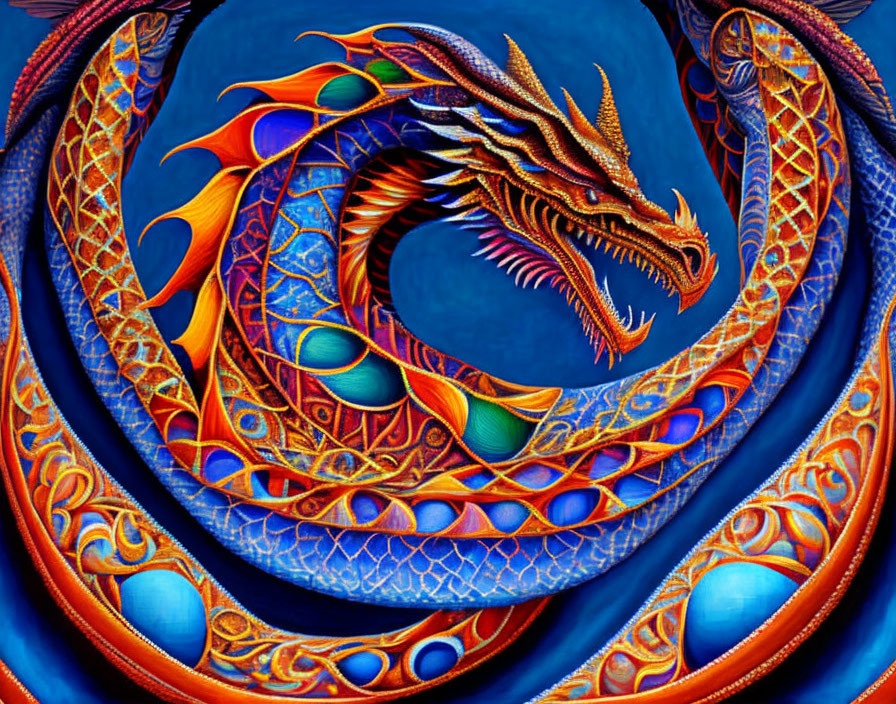 Colorful Mythical Dragon Illustration with Elaborate Scales and Feathers