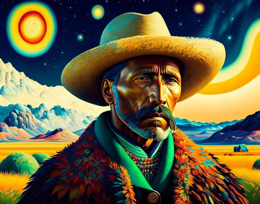 Colorful Illustration of Stern-Faced Man in Sombrero and Poncho