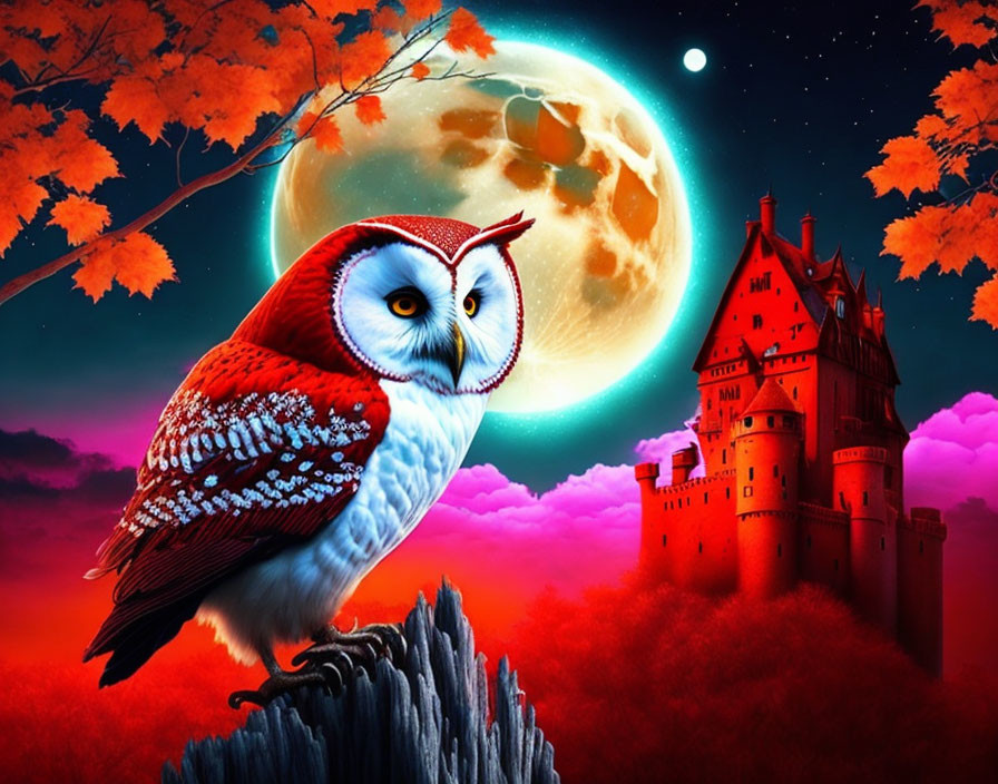 Illustrated owl on branch with red and orange foliage, castle under moon.