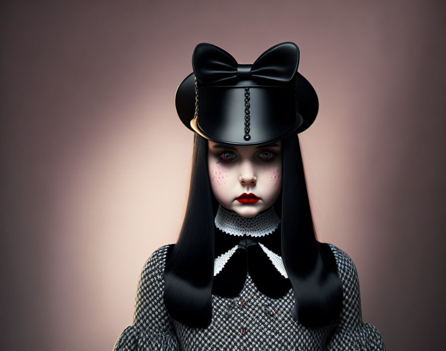 Illustrated Gothic Character with Porcelain Skin and Black Bowler Hat