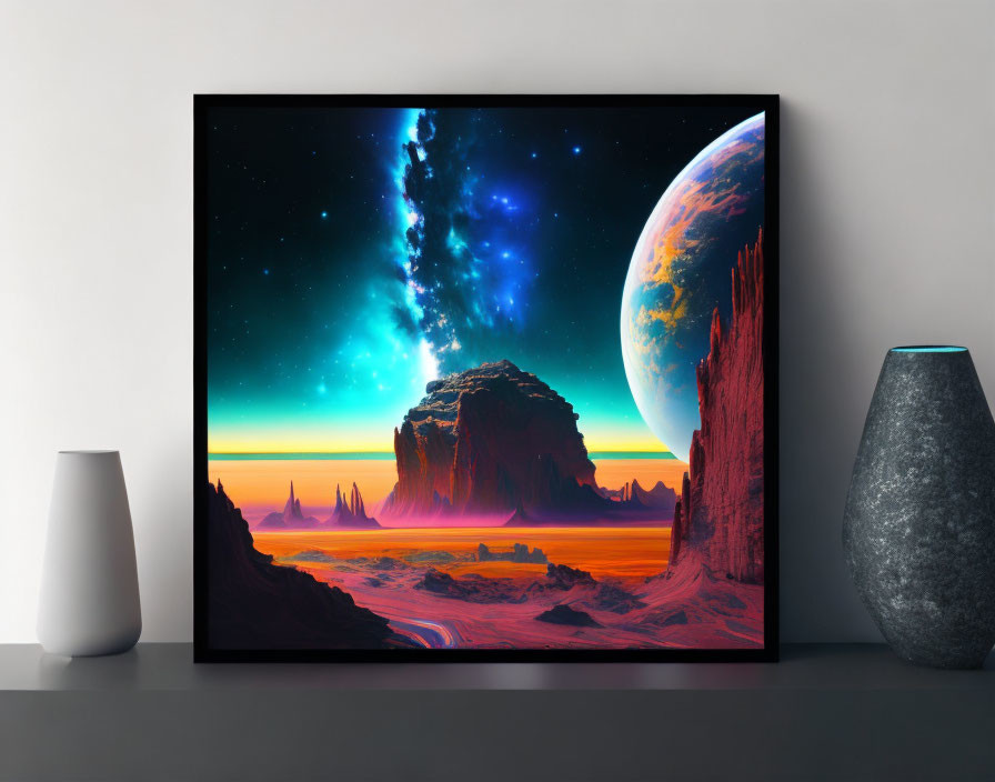 Sci-fi landscape with planet, nebula, and alien terrain on shelf next to vases