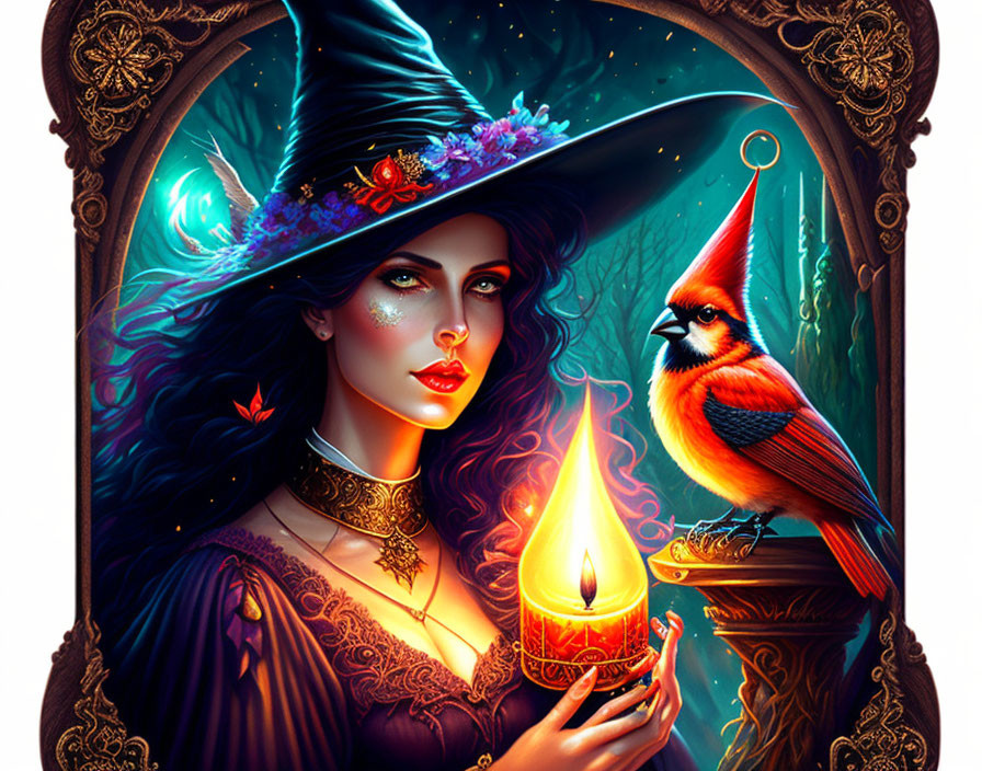Detailed Illustration of Mystical Witch with Candle and Cardinal
