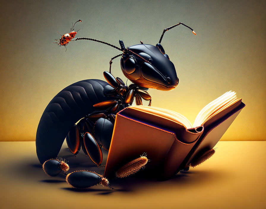 Stylized image of black and orange beetles with open book on golden backdrop