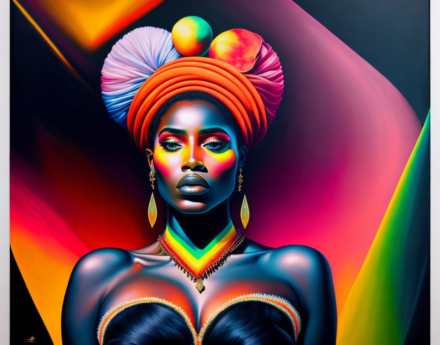Colorful digital artwork: Woman with headwrap and makeup against abstract rainbow backdrop