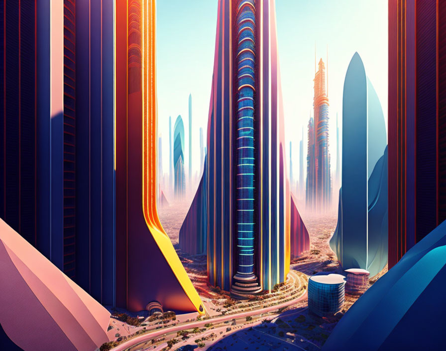 Futuristic cityscape with vibrant skyscrapers & blended color palette