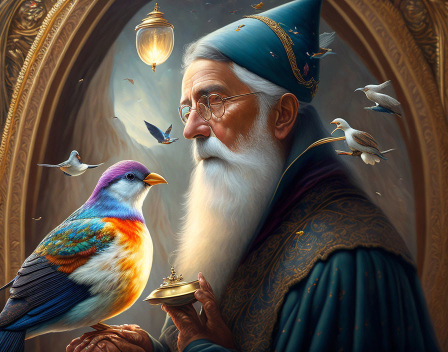 Elderly Wizard with Long White Beard Holding Golden Object in Ornate Room