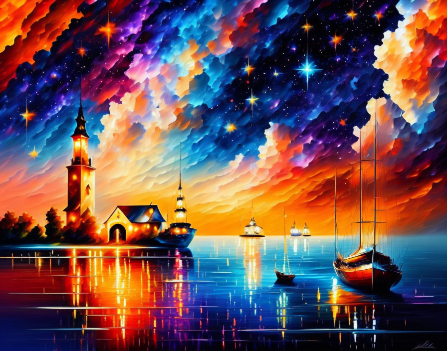 Colorful seascape painting with lighthouse, boats, and starry sky