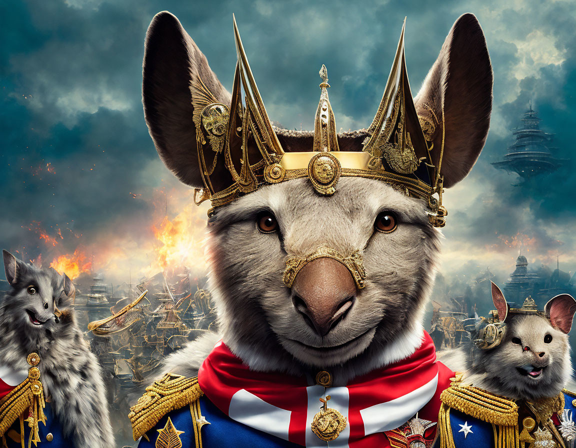 Regal kangaroo in crown with cat and mouse, fiery skies, army, and futuristic city.