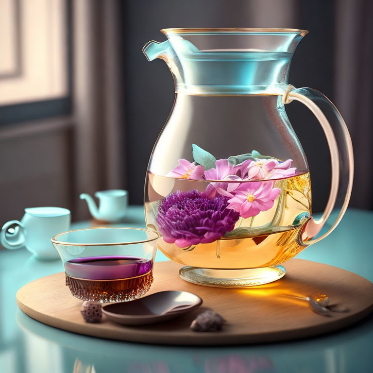 Transparent teapot with blooming flowers, cup of tea, honey dipper on wooden tray