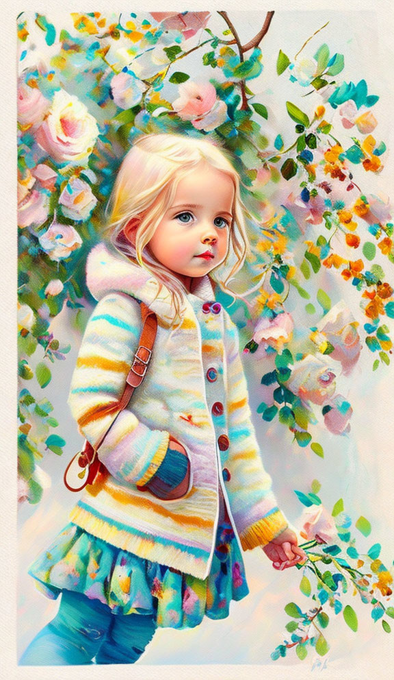Blonde Girl in Striped Sweater Holding Flower on Floral Background