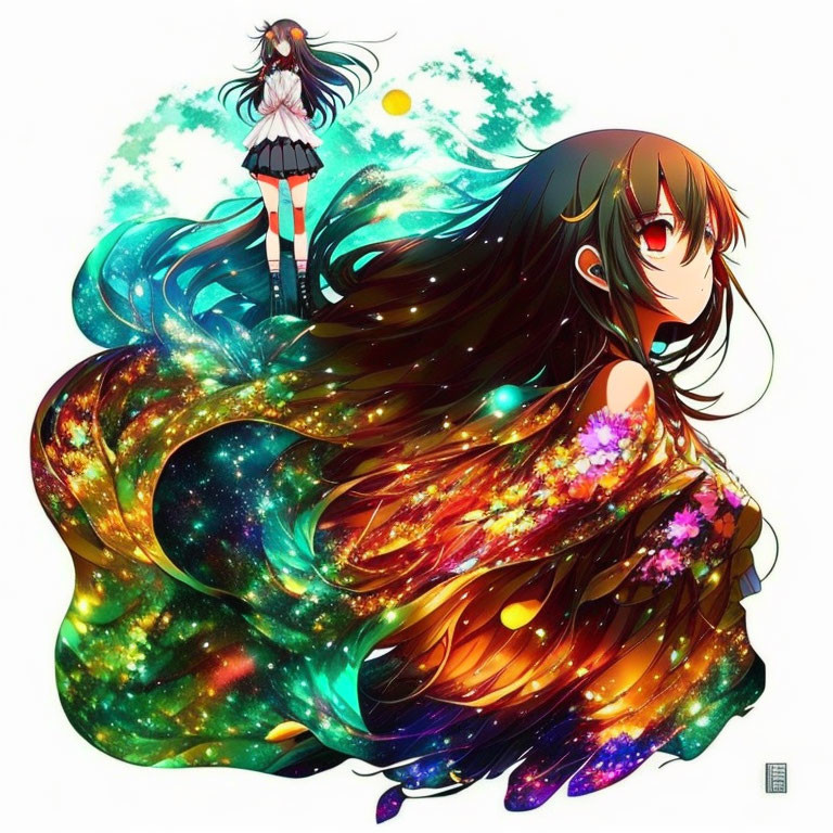 Colorful Anime Character Illustration with Cosmic Hair and Floral Elements