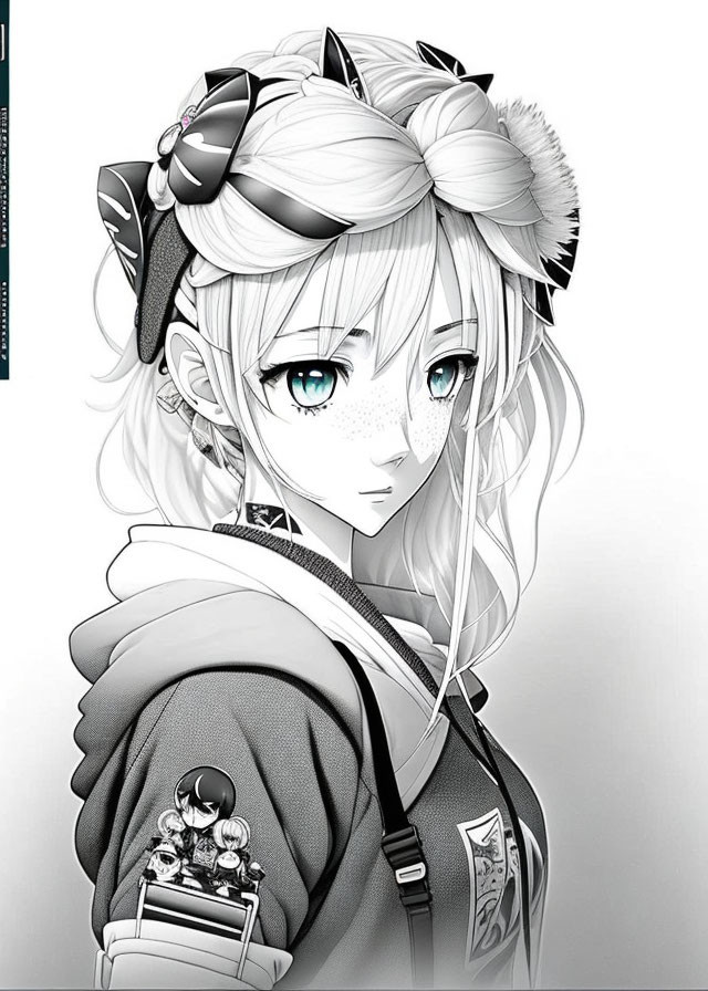 Monochrome illustration of a girl with blue eyes, bow in hair, hoodie, and backpack.