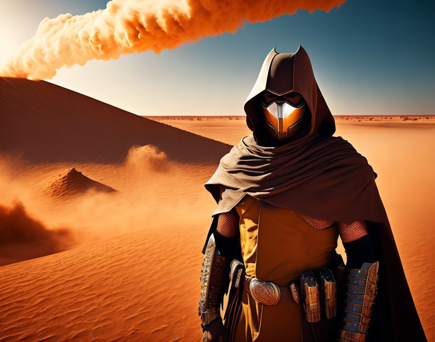 Futuristic armored person on desert dune under cloudy sky