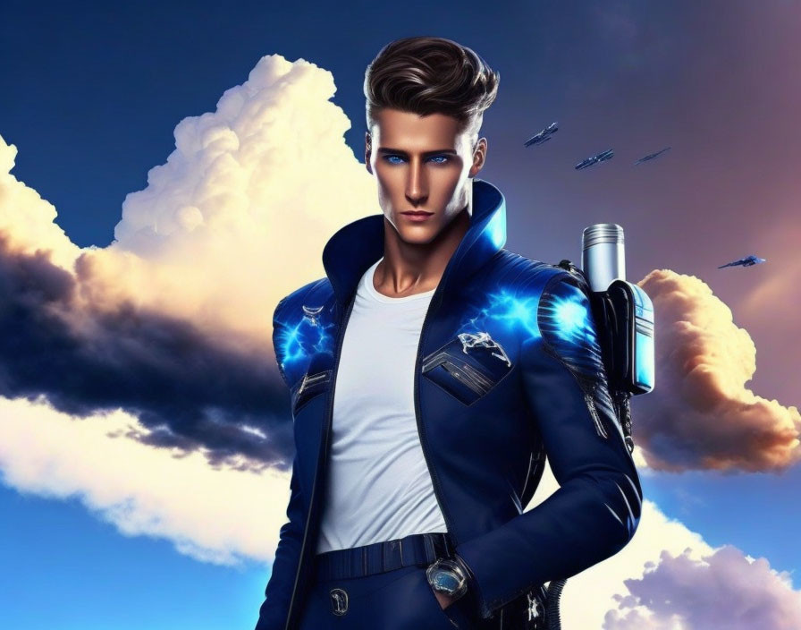 Man with slicked-back hair in blue jacket with glowing accents, mechanical arm, futuristic background