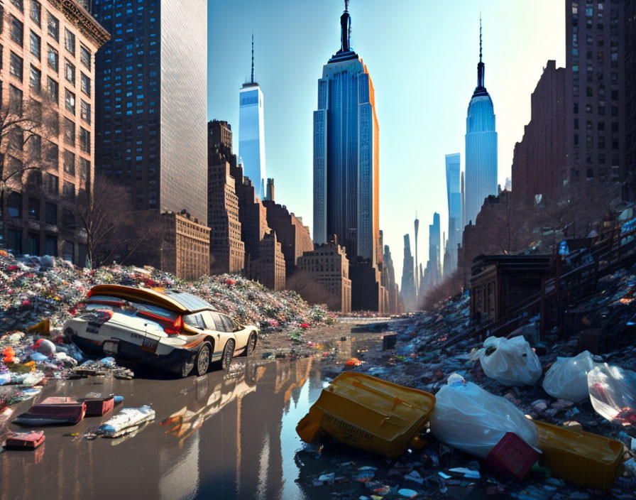 Flooded city street with skyscrapers, trash, and stranded car