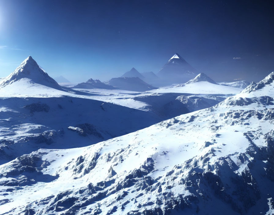 Snowy Landscape with Majestic Mountains and Clear Blue Sky