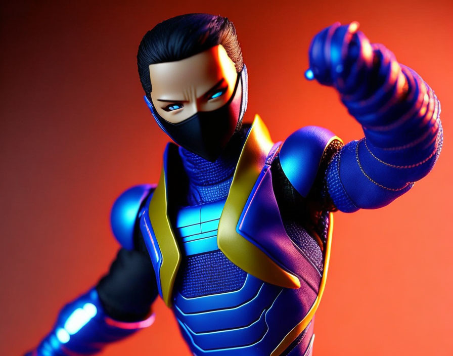 Superhero action figure in blue and yellow suit on red background