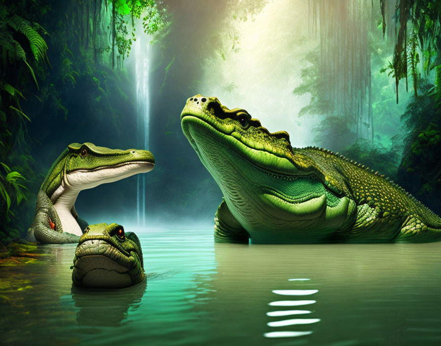 Stylized crocodiles in lush jungle with waterfall and mist