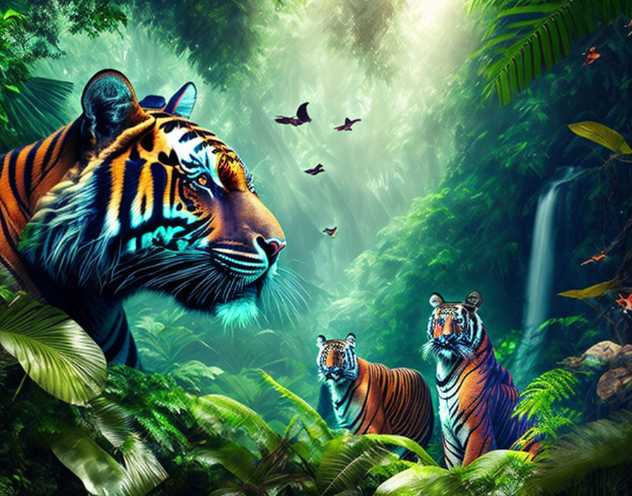 Three tigers in lush jungle with waterfall, foliage, and butterflies under mystical light-ray effect