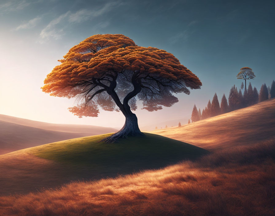 Solitary tree with lush orange canopy in surreal golden-hour light