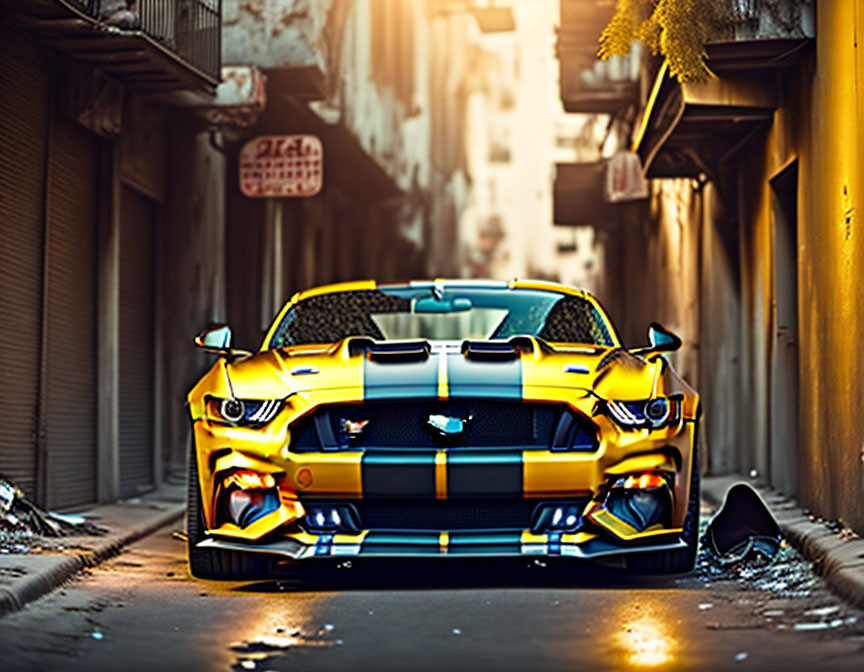 Bright yellow sports car with black stripes in alleyway, illuminated by sunlight