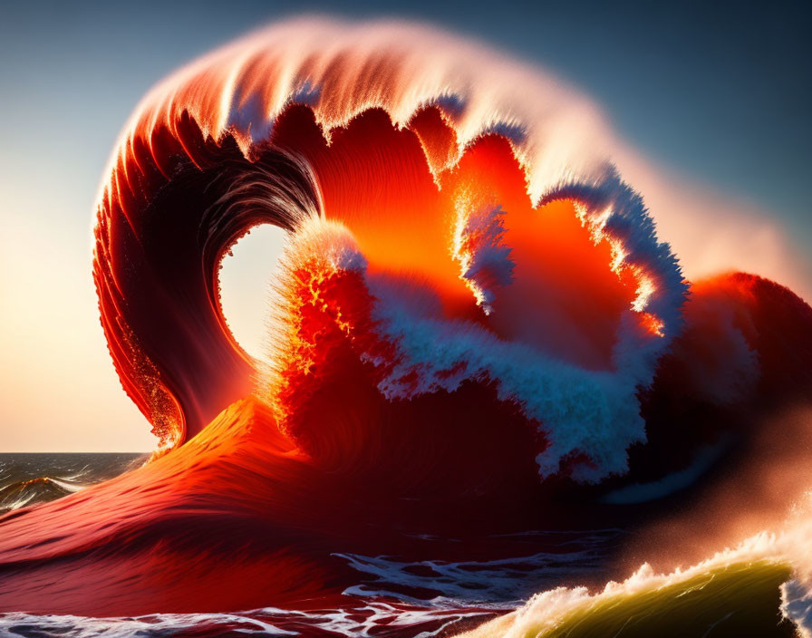 Vibrant stylized wave with red and orange hues against sunset sky