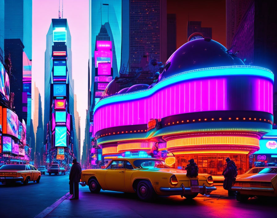 Neon-lit cityscape at twilight with classic cars and futuristic architecture