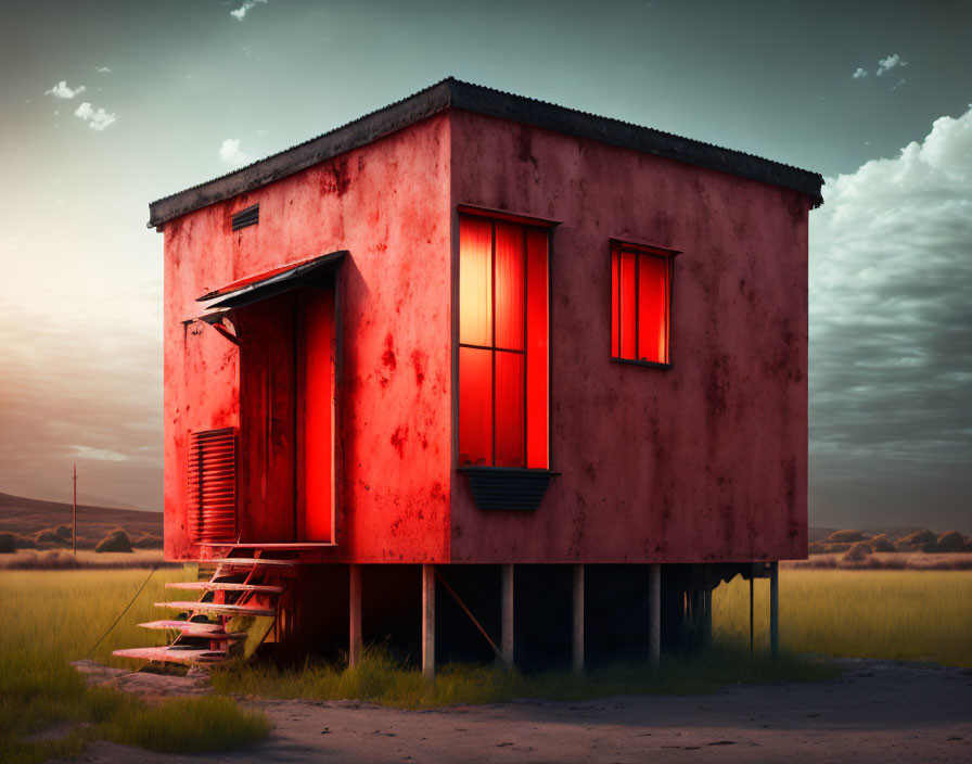 Isolated two-story house in red-lit field at dusk with stairs and dramatic sky
