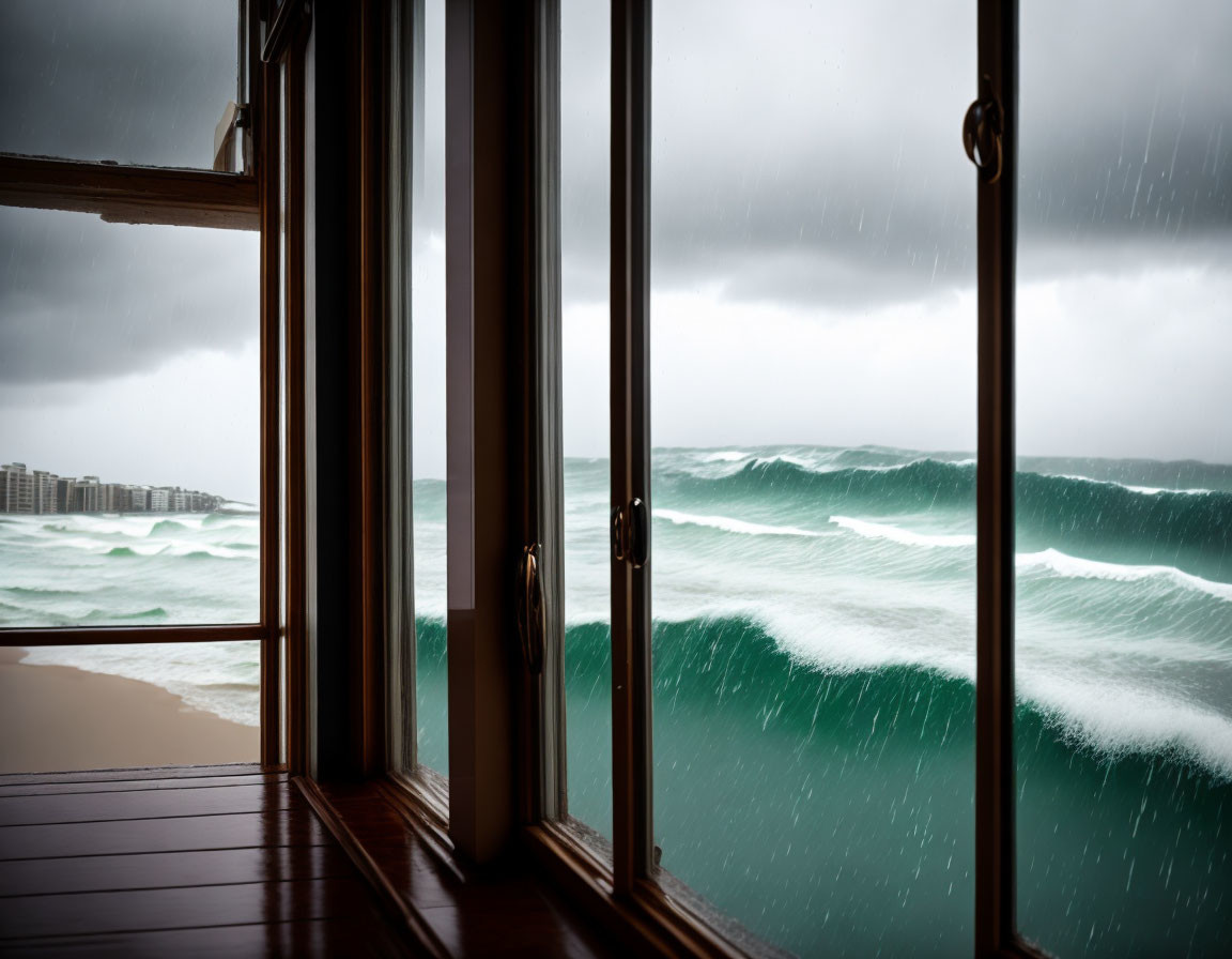 Wooden balcony view of turbulent ocean waves and stormy clouds