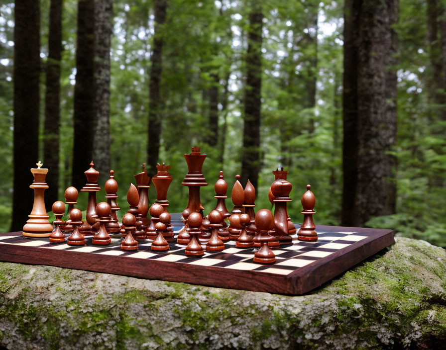 Chessboard with pieces set up on rock in lush forest surrounded by trees