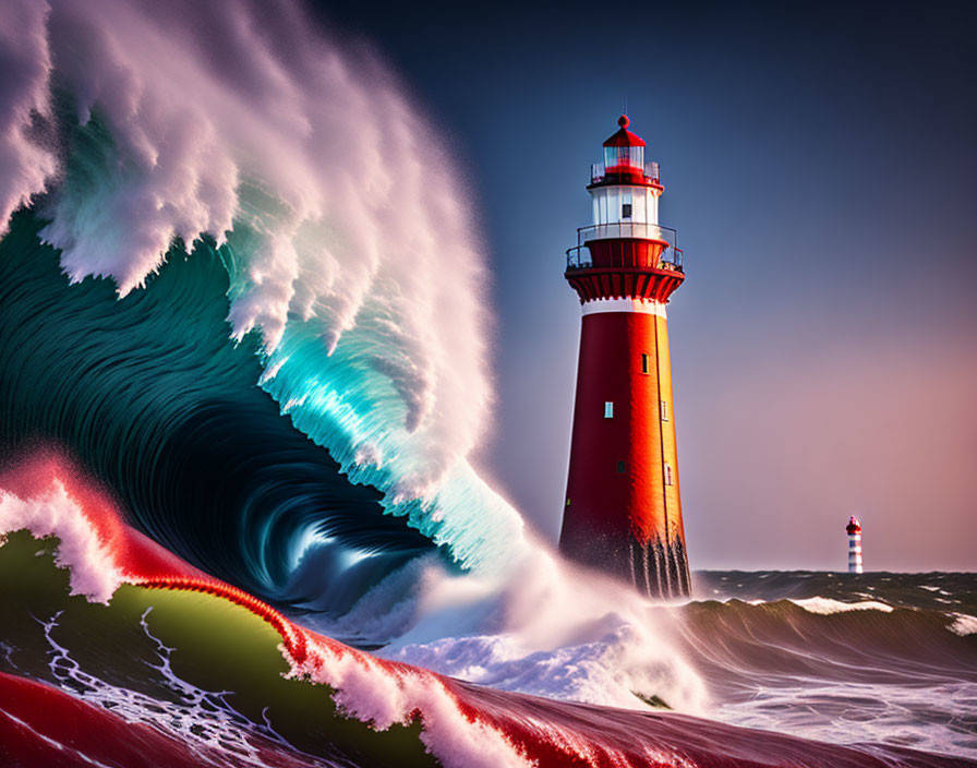 Surreal digital artwork of red lighthouse and blue wave