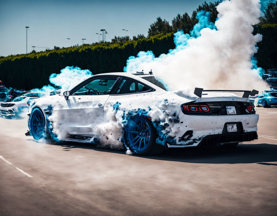 White sports car burning out with blue smoke in parking lot