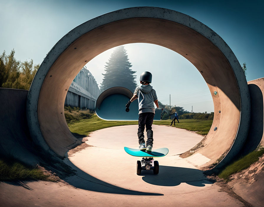 Child skateboarding in circular concrete tunnel with observer in background